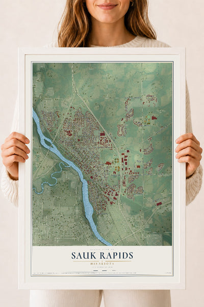 Map of Sauk Rapids, Minnesota, 18 x 24 inch print in a white wood frame