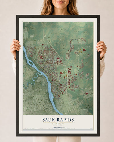 Map of Sauk Rapids, Minnesota, 24 x 36 inch print in a black wood frame