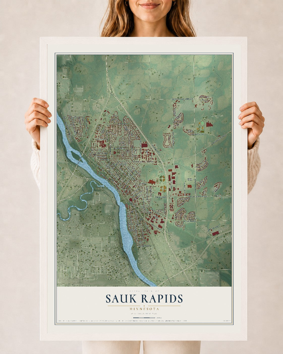 Map of Sauk Rapids, Minnesota, 24 x 36 inch print in a white wood frame