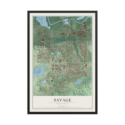 Map of Savage, Minnesota, 12 x 18 inch print in a black wood frame