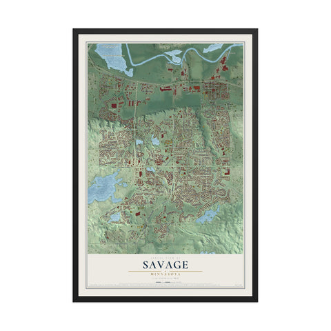 Map of Savage, Minnesota, 12 x 18 inch print in a black wood frame