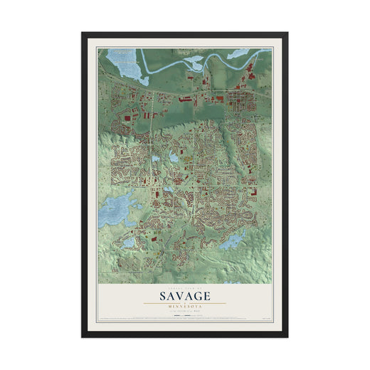 Map of Savage, Minnesota, 12 x 18 inch print in a black wood frame