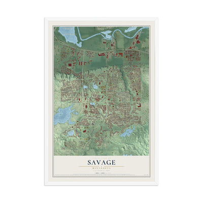 Map of Savage, Minnesota, 12 x 18 inch print in a white wood frame