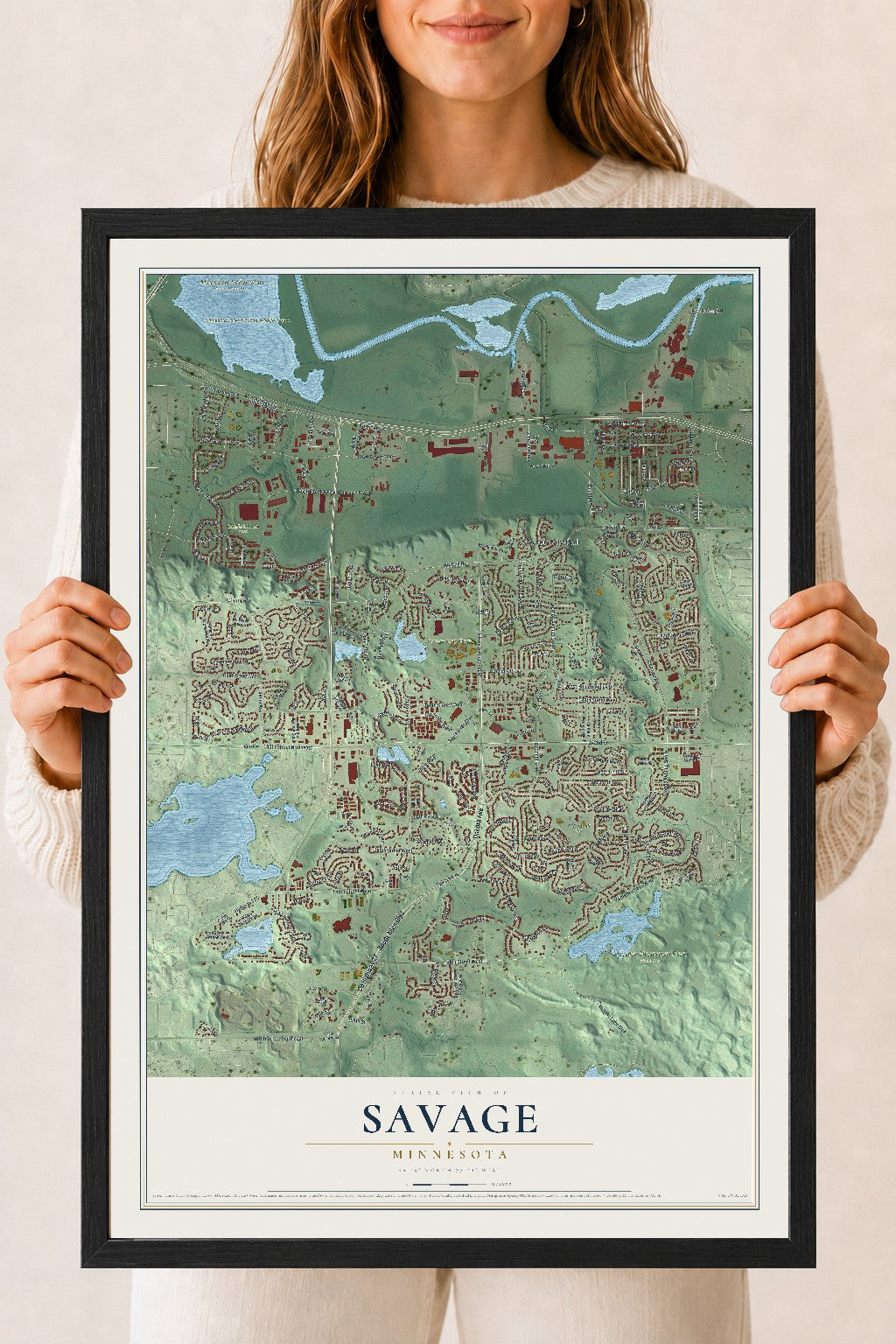 Map of Savage, Minnesota, 18 x 24 inch print in a black wood frame