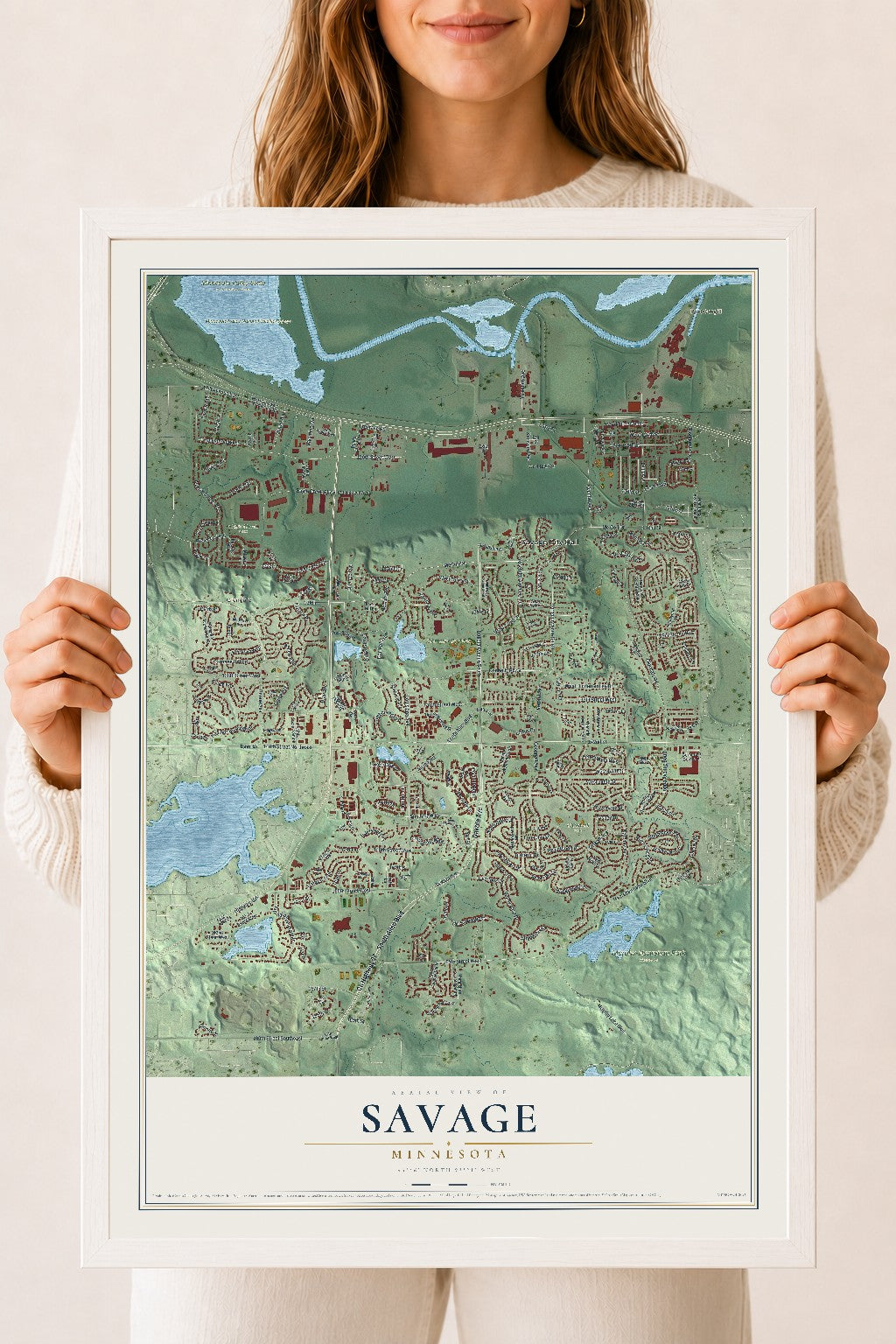Map of Savage, Minnesota, 18 x 24 inch print in a white wood frame