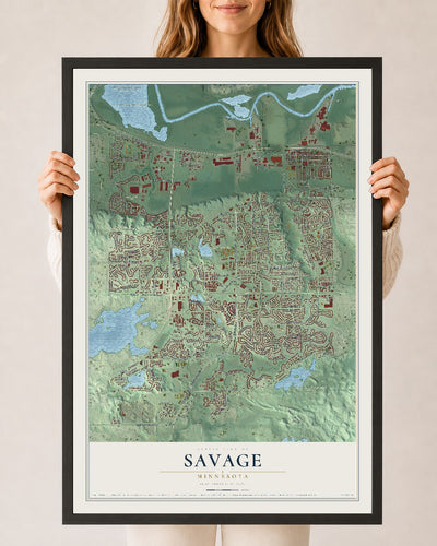 Map of Savage, Minnesota, 24 x 36 inch print in a black wood frame