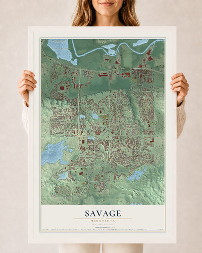 Map of Savage, Minnesota, 24 x 36 inch print in a white wood frame