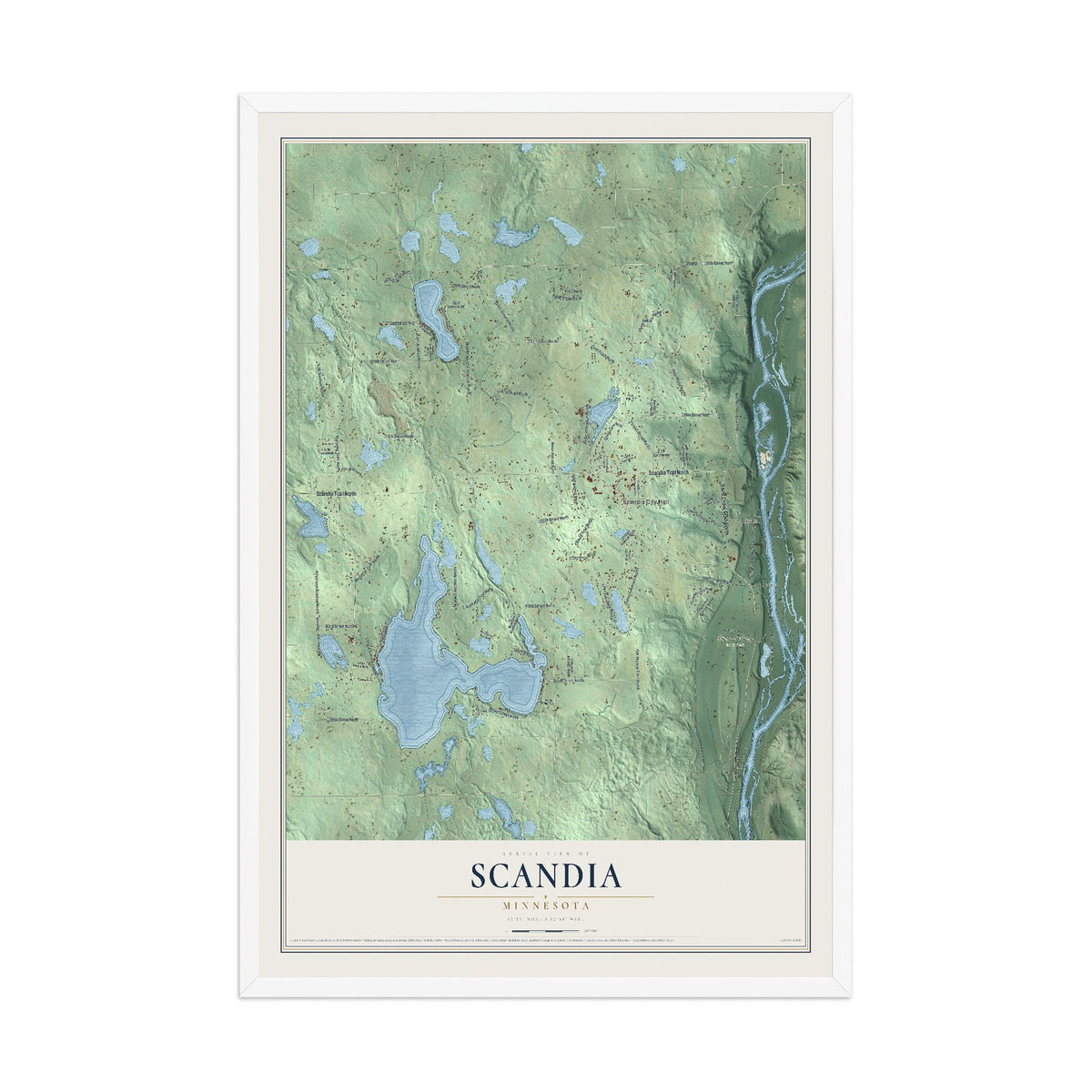 Map of Scandia, Minnesota, 12 x 18 inch print in a white wood frame