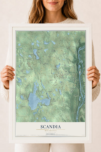 Map of Scandia, Minnesota, 18 x 24 inch print in a white wood frame