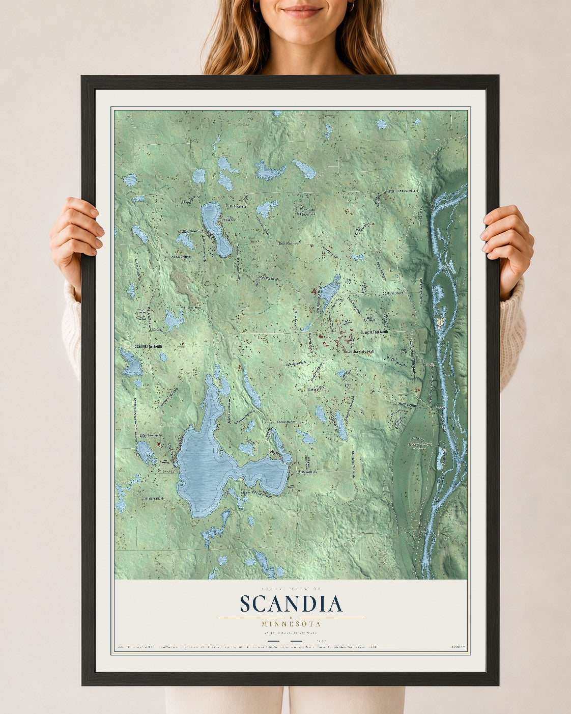 Map of Scandia, Minnesota, 24 x 36 inch print in a black wood frame