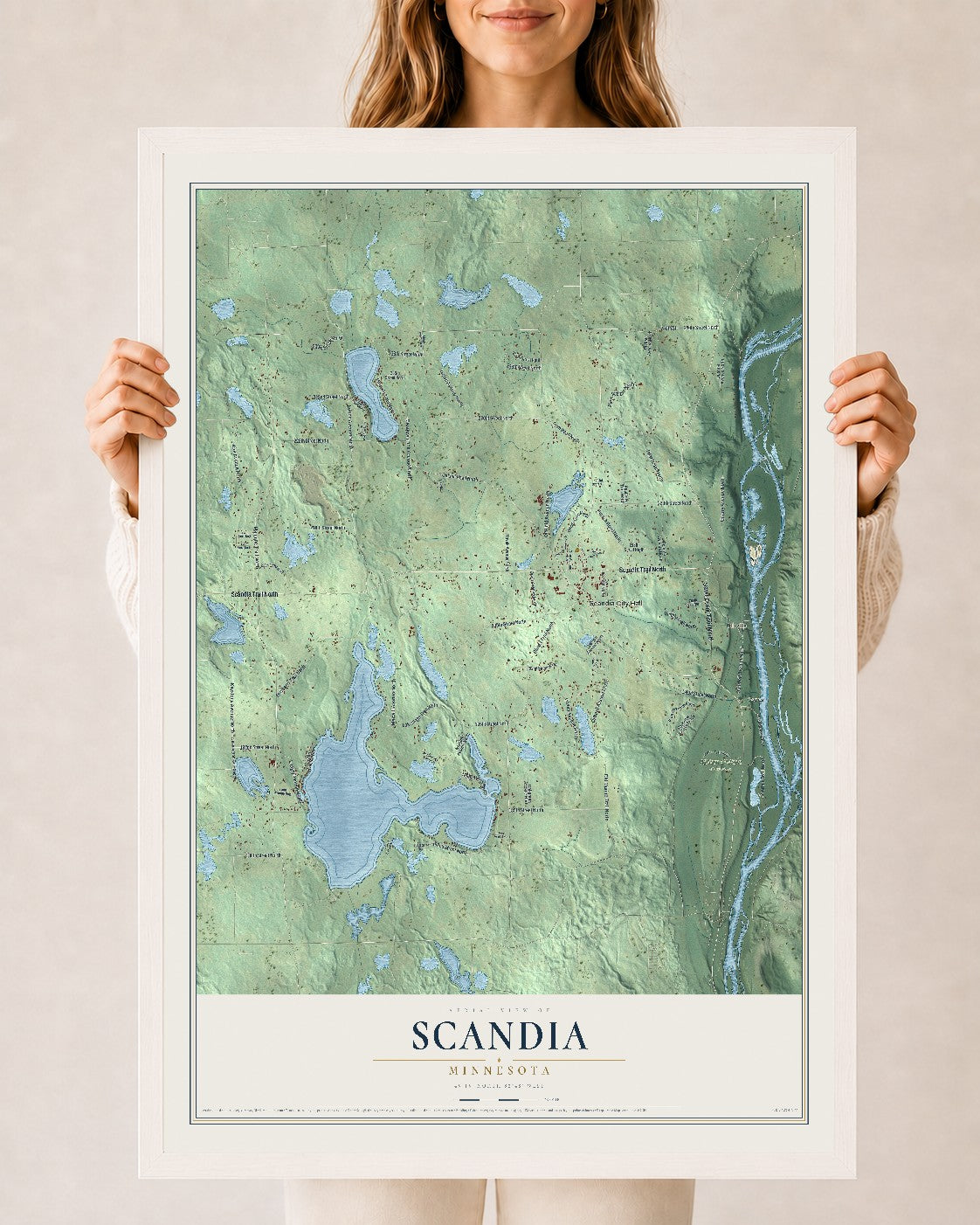 Map of Scandia, Minnesota, 24 x 36 inch print in a white wood frame