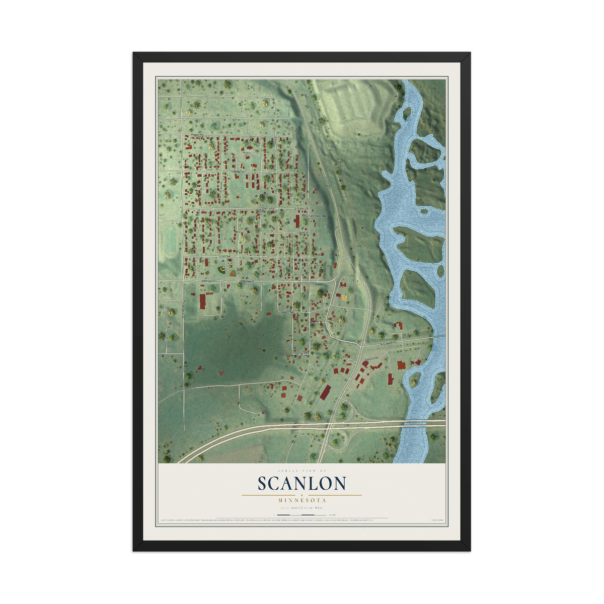 Map of Scanlon, Minnesota, 12 x 18 inch print in a black wood frame