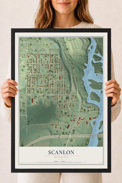 Map of Scanlon, Minnesota, 18 x 24 inch print in a black wood frame