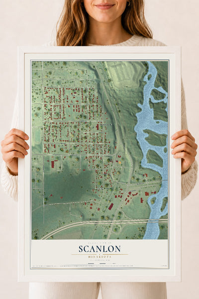 Map of Scanlon, Minnesota, 18 x 24 inch print in a white wood frame