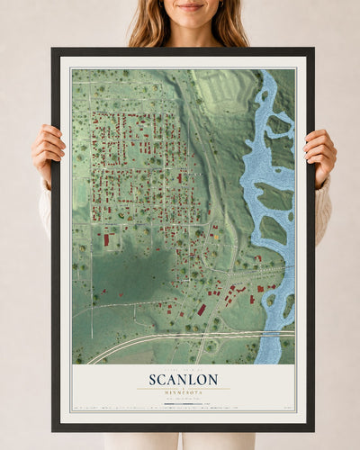 Map of Scanlon, Minnesota, 24 x 36 inch print in a black wood frame