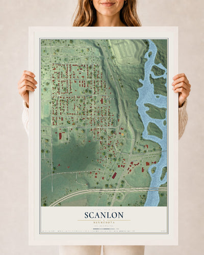 Map of Scanlon, Minnesota, 24 x 36 inch print in a white wood frame