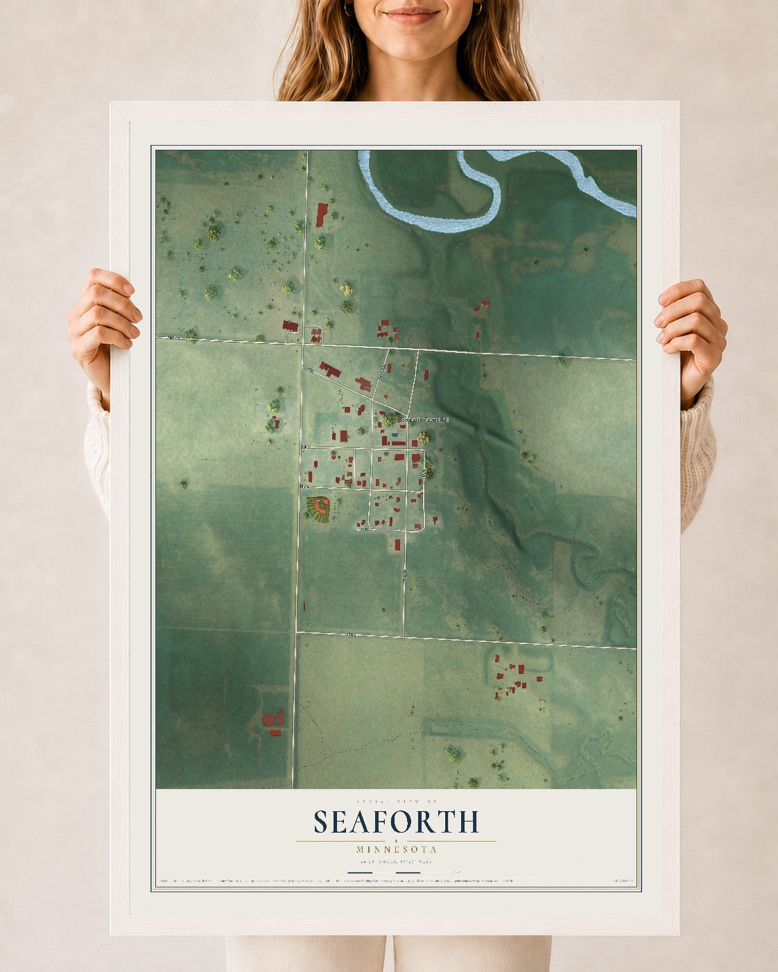 Map of Seaforth, Minnesota, 24 x 36 inch print in a white wood frame