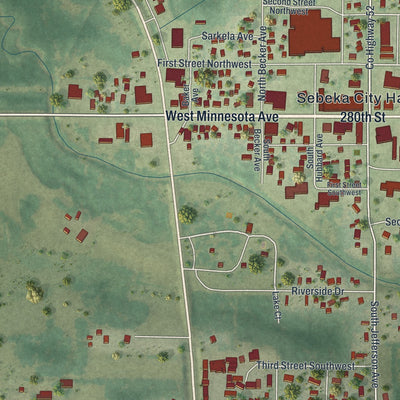 Close-up of the map of Sebeka, Minnesota print showing street and building detail