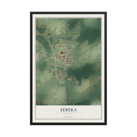 Map of Sebeka, Minnesota, 12 x 18 inch print in a black wood frame