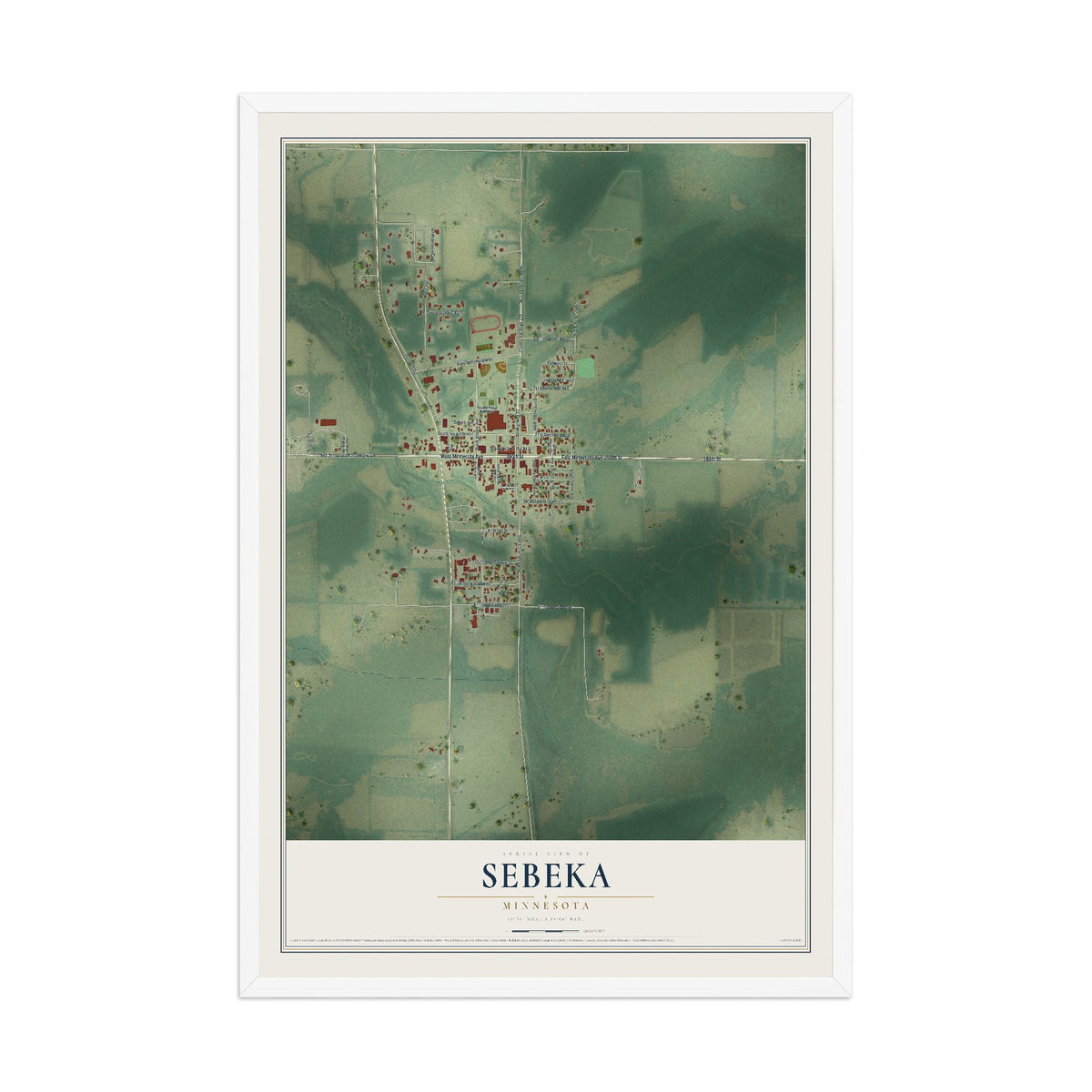 Map of Sebeka, Minnesota, 12 x 18 inch print in a white wood frame