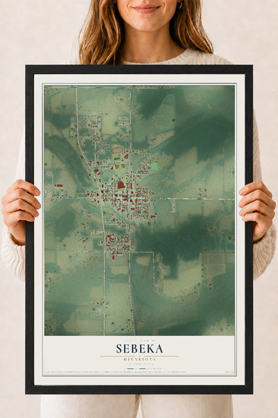 Map of Sebeka, Minnesota, 18 x 24 inch print in a black wood frame