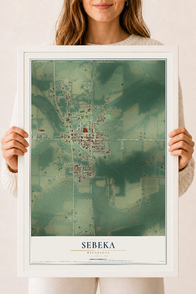 Map of Sebeka, Minnesota, 18 x 24 inch print in a white wood frame