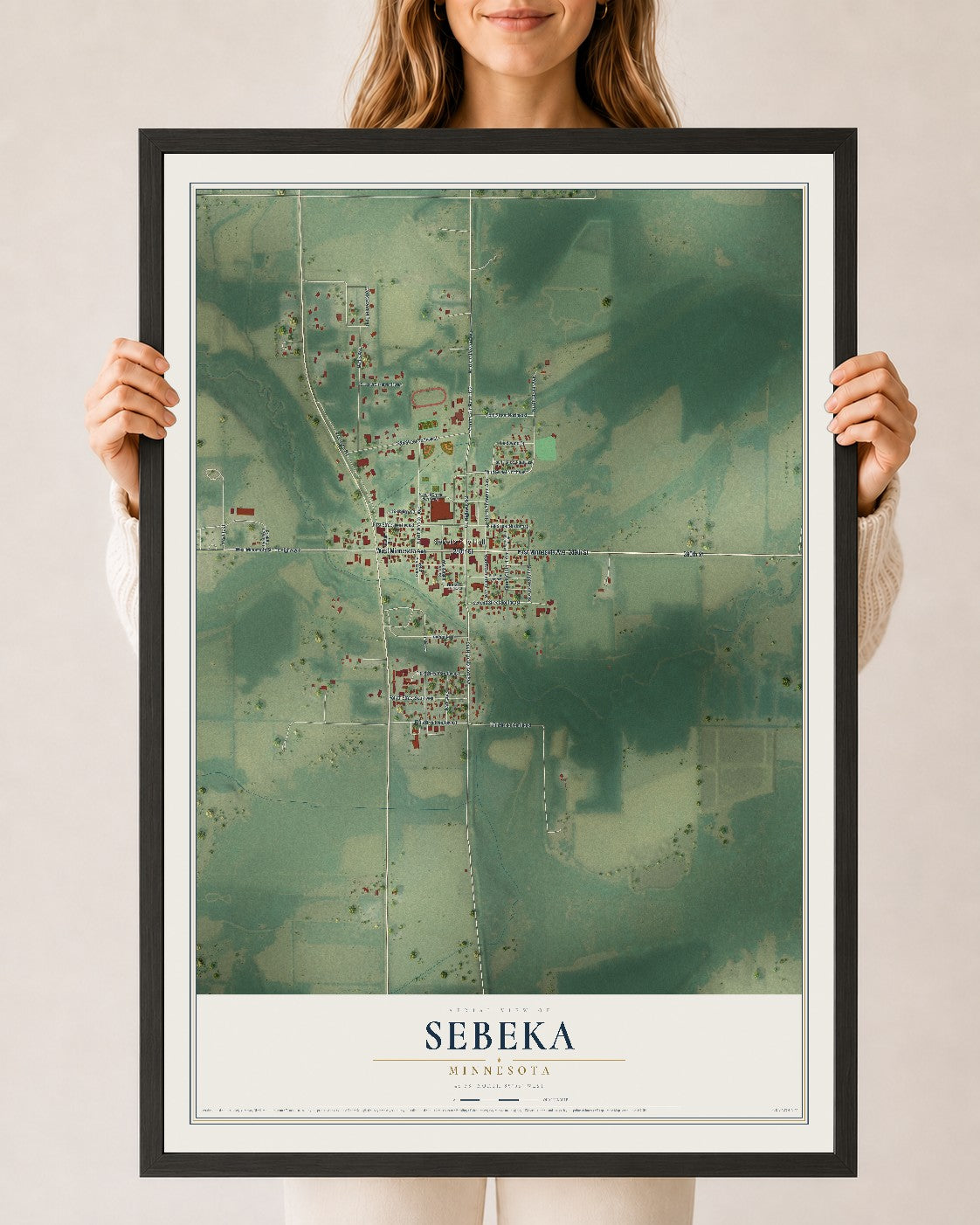 Map of Sebeka, Minnesota, 24 x 36 inch print in a black wood frame