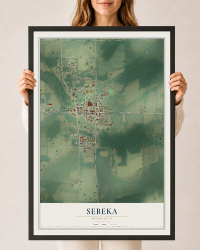 Map of Sebeka, Minnesota, 24 x 36 inch print in a black wood frame