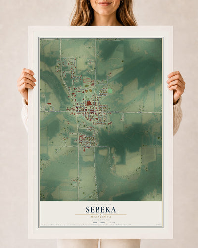 Map of Sebeka, Minnesota, 24 x 36 inch print in a white wood frame