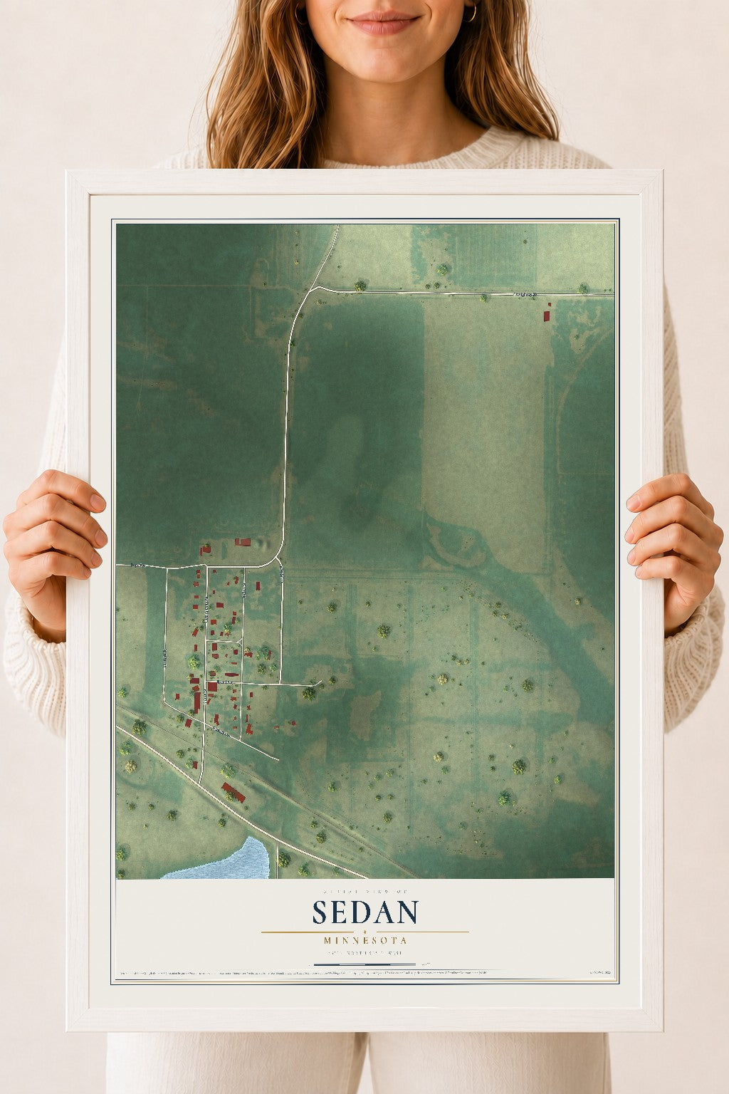 Map of Sedan, Minnesota, 18 x 24 inch print in a white wood frame