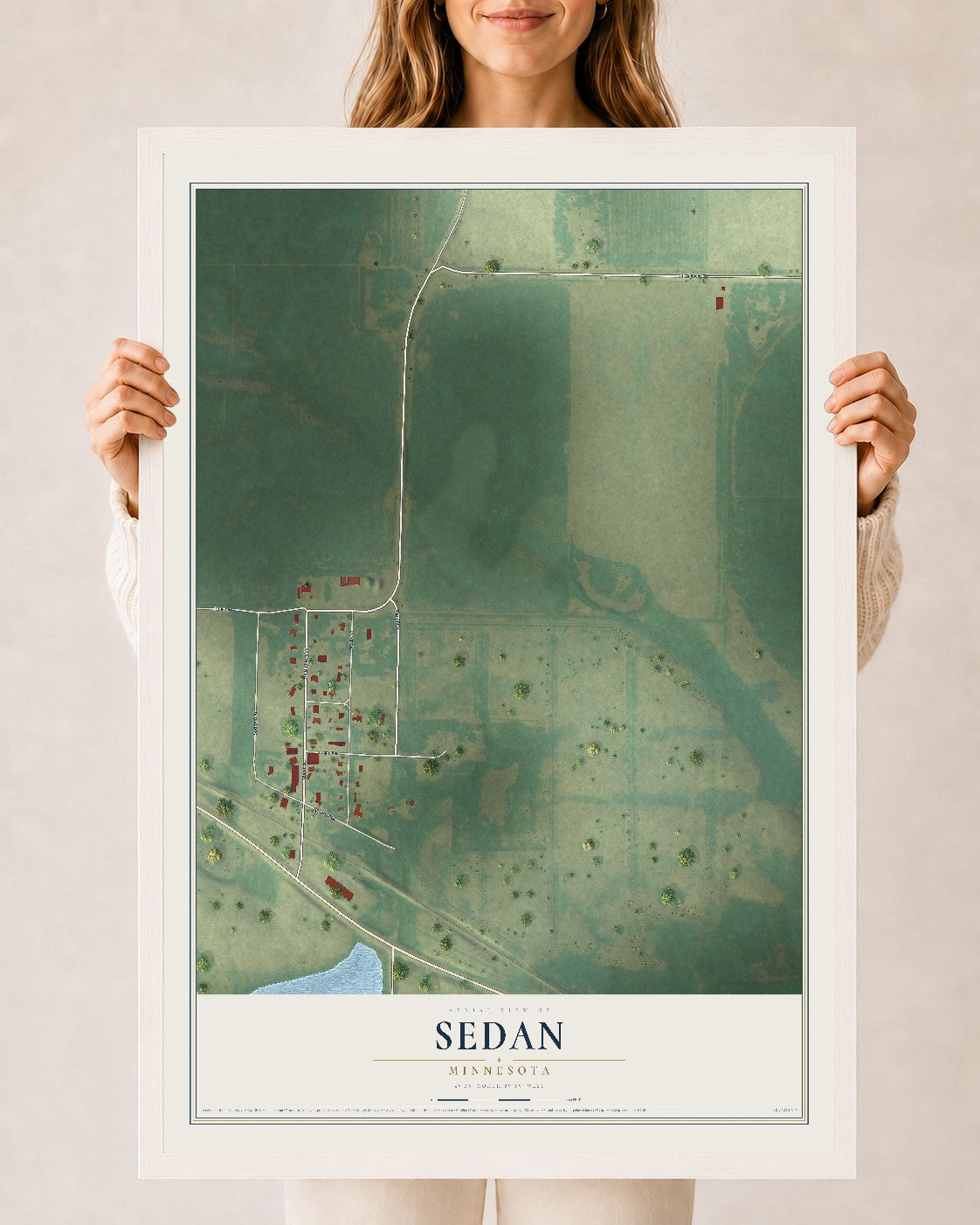 Map of Sedan, Minnesota, 24 x 36 inch print in a white wood frame