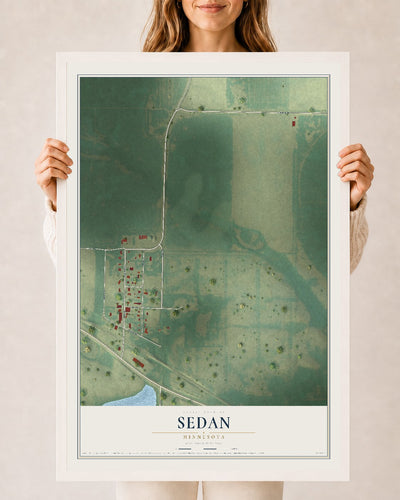Map of Sedan, Minnesota, 24 x 36 inch print in a white wood frame