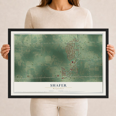 Map of Shafer, Minnesota, 12 x 18 inch print in a black wood frame