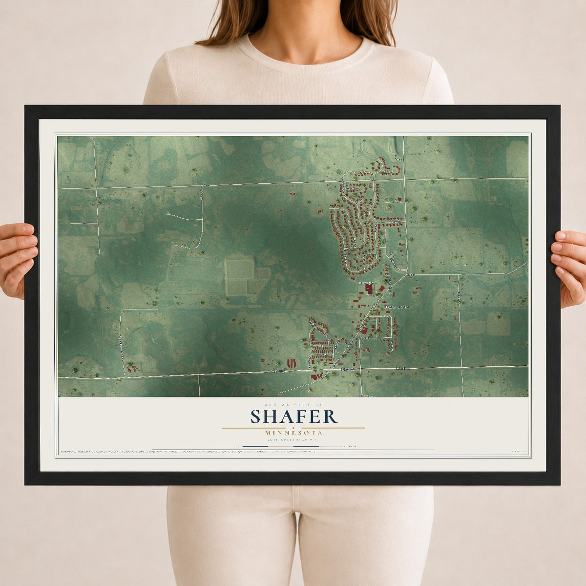 Map of Shafer, Minnesota, 18 x 24 inch print in a black wood frame