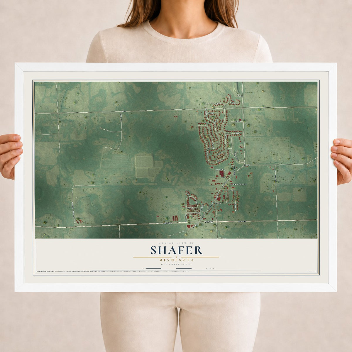 Map of Shafer, Minnesota, 18 x 24 inch print in a white wood frame