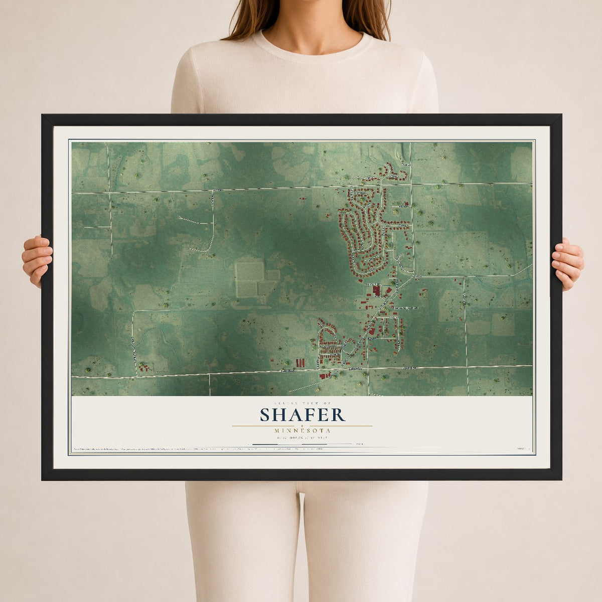 Map of Shafer, Minnesota, 24 x 36 inch print in a black wood frame