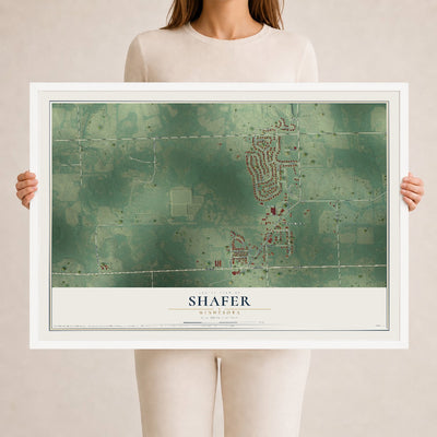 Map of Shafer, Minnesota, 24 x 36 inch print in a white wood frame