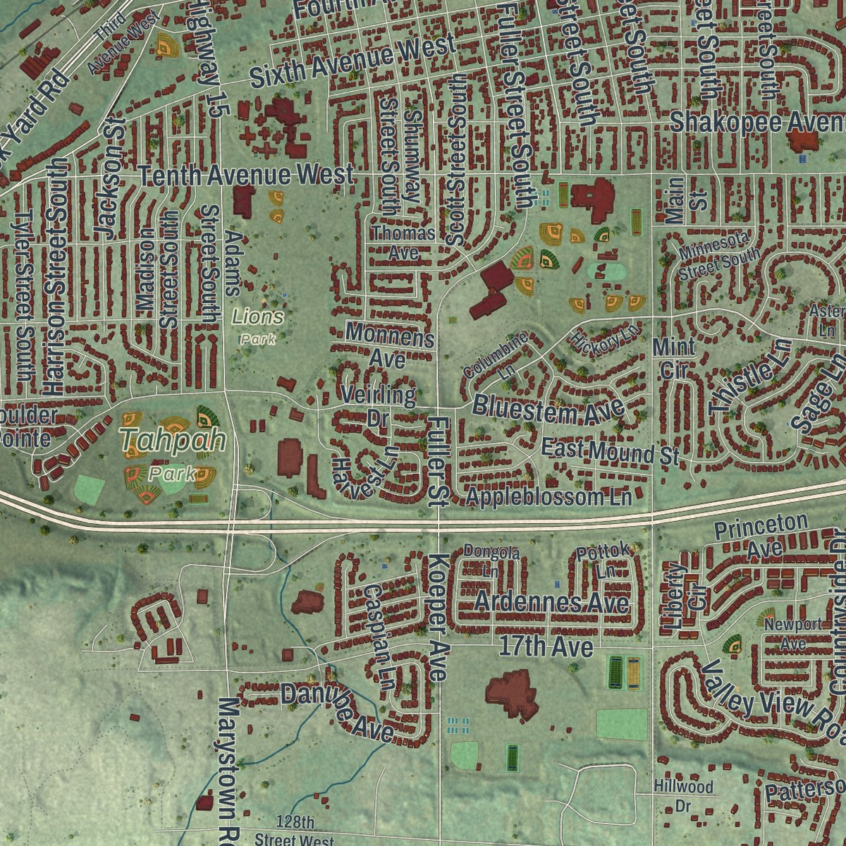 Close-up of the map of Shakopee, Minnesota print showing street and building detail