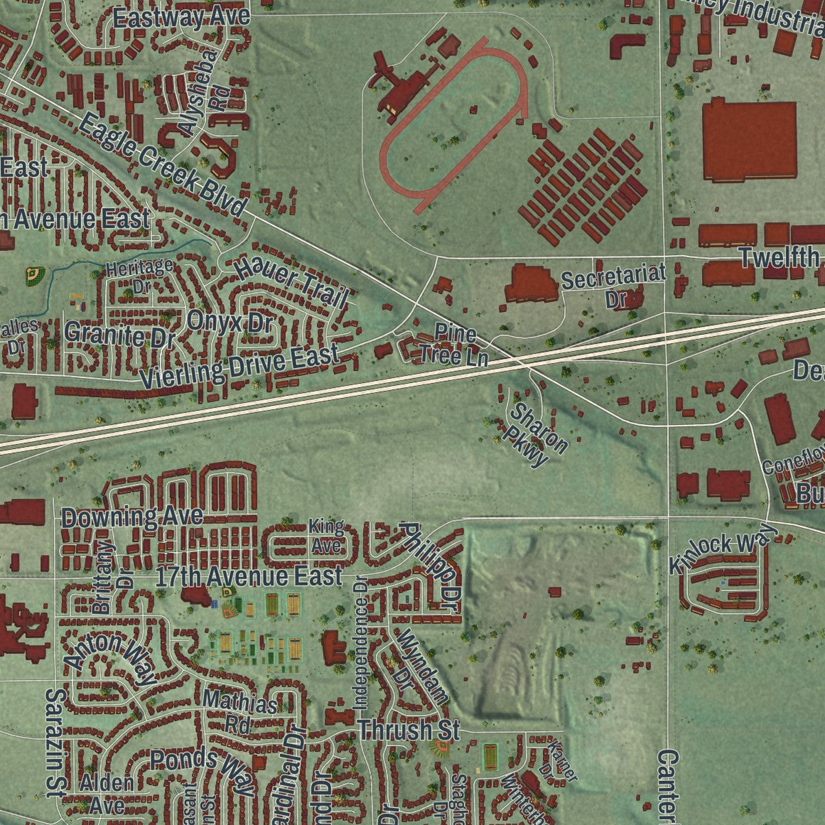 Second close-up of the map of Shakopee, Minnesota print showing more streets and buildings