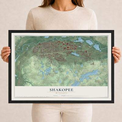Map of Shakopee, Minnesota, 12 x 18 inch print in a black wood frame