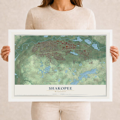 Map of Shakopee, Minnesota, 12 x 18 inch print in a white wood frame