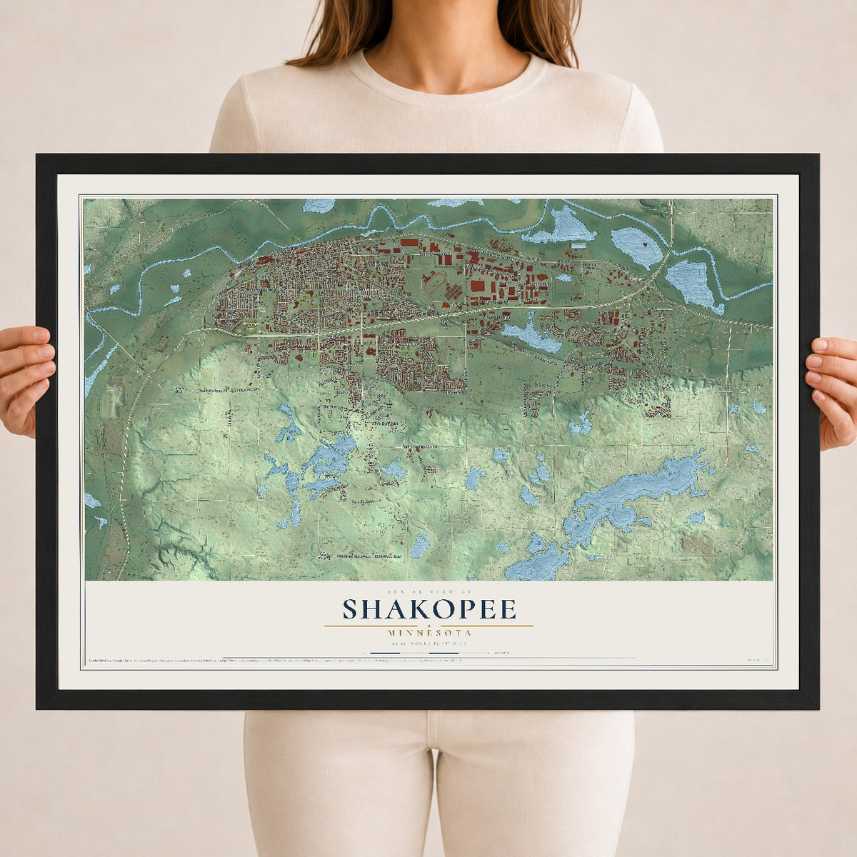 Map of Shakopee, Minnesota, 18 x 24 inch print in a black wood frame