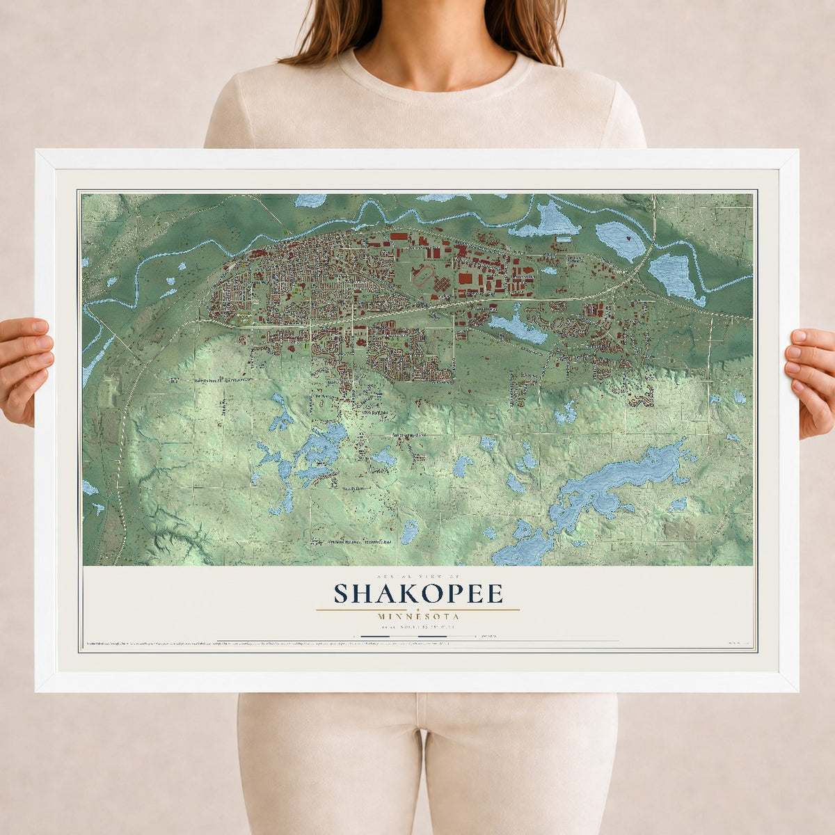 Map of Shakopee, Minnesota, 18 x 24 inch print in a white wood frame