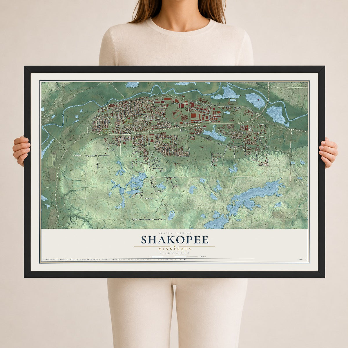 Map of Shakopee, Minnesota, 24 x 36 inch print in a black wood frame