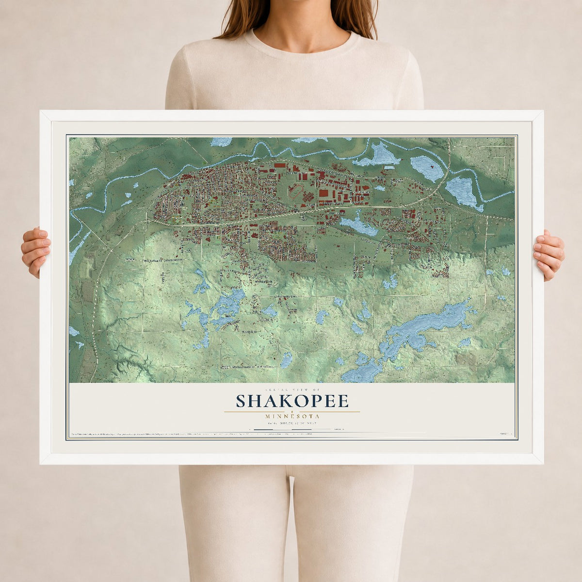 Map of Shakopee, Minnesota, 24 x 36 inch print in a white wood frame