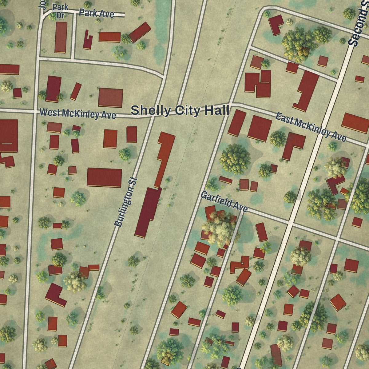 Close-up of the map of Shelly, Minnesota print showing street and building detail