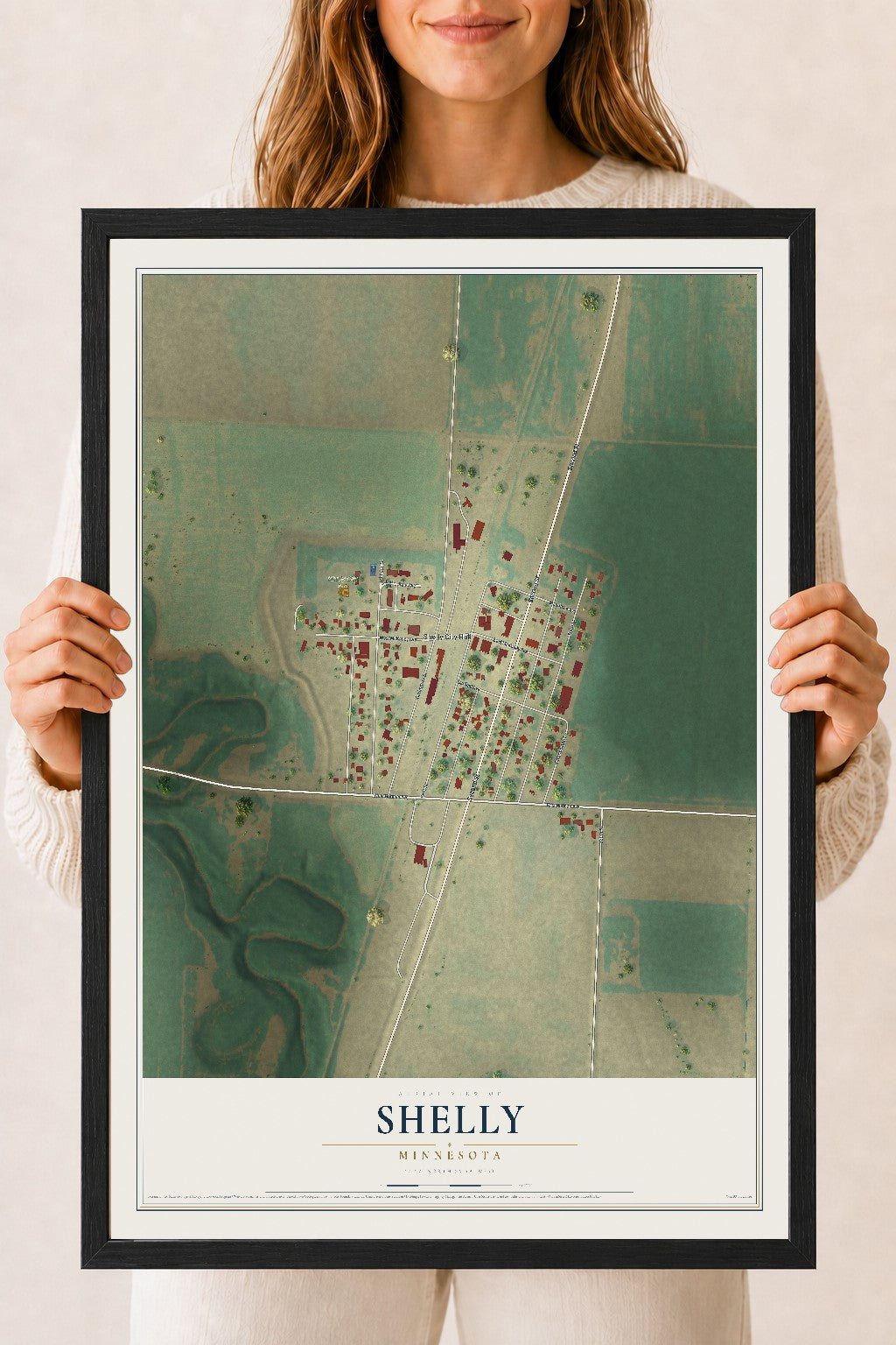 Map of Shelly, Minnesota, 18 x 24 inch print in a black wood frame