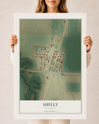 Map of Shelly, Minnesota, 24 x 36 inch print in a white wood frame