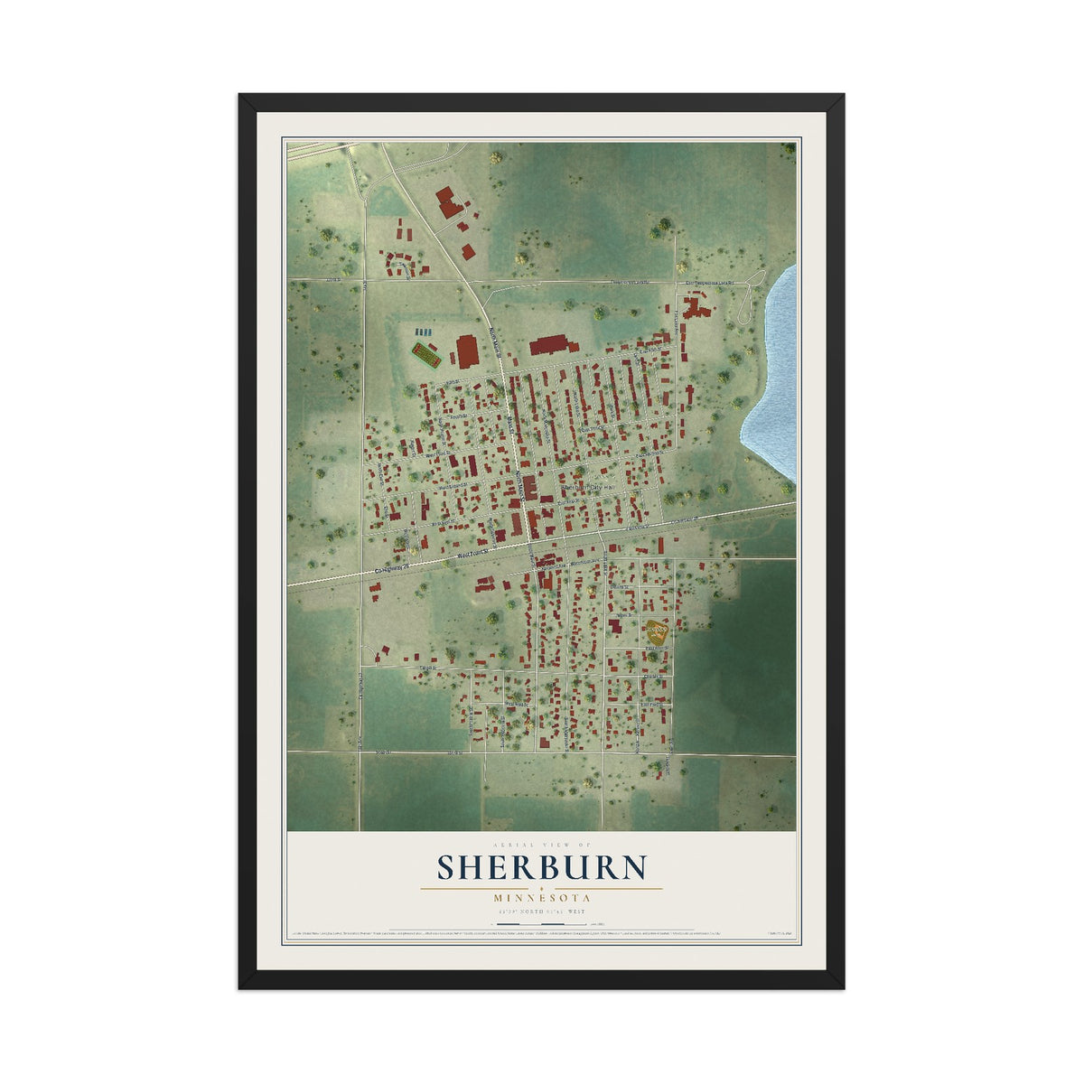 Map of Sherburn, Minnesota, 12 x 18 inch print in a black wood frame