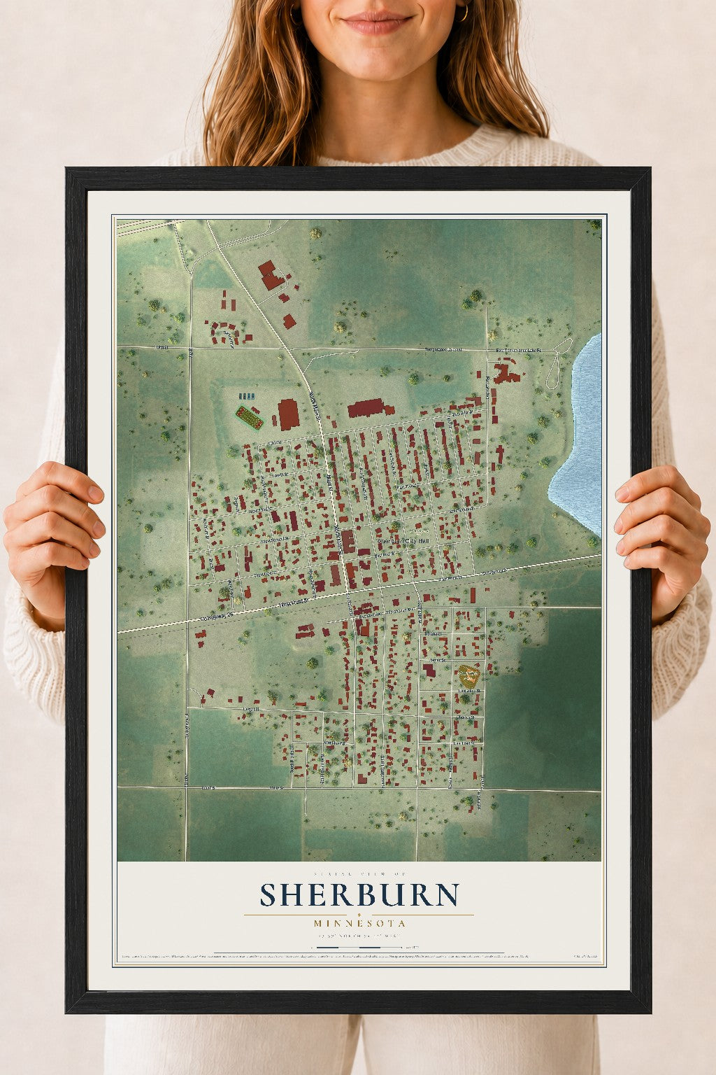 Map of Sherburn, Minnesota, 18 x 24 inch print in a black wood frame